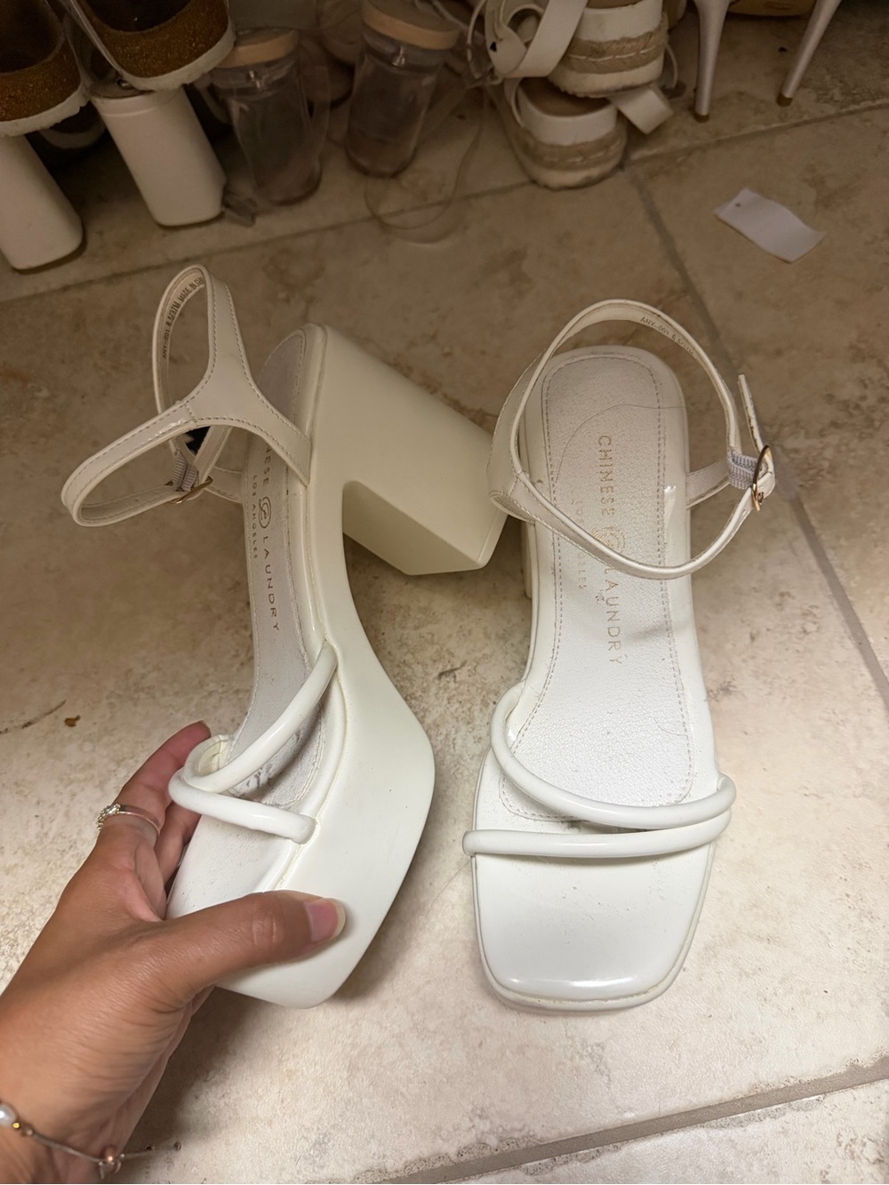 Chinese Laundry Ivory Block Platform Sandals with Ankle Strap